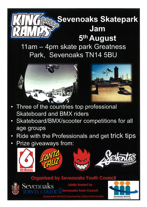 a poster advertising a Skate park event organised by Sevenoaks Youth Council and Supplied by Kings Ramps.