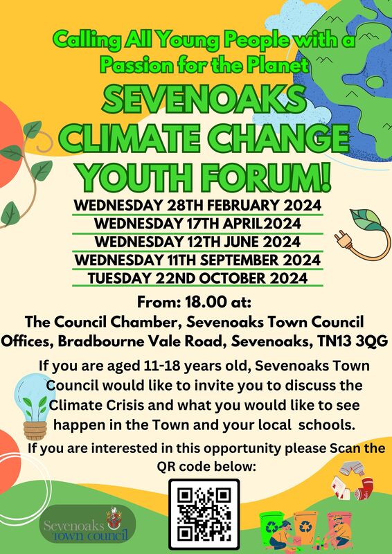 Poster showing the dates and times of the Sevenoaks Town Councils Climate Change Youth Forum held at the Town Council Chamber. 