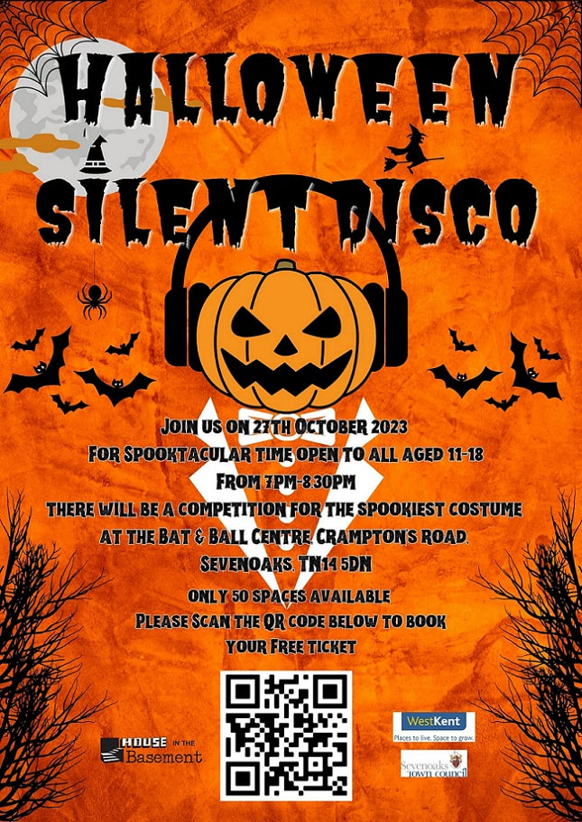 a Poster detailing a Halloween themed Silent Disco hosted by House in the Basement and West Kent Housing Association-2023.