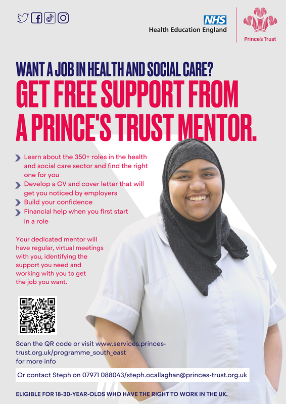 a Poster for the Princes Trust detailing how to get free support for a Princes Trust Mentor.