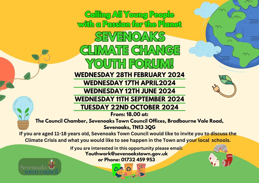 Poster showing the dates and times of the Sevenoaks Town Councils Climate Change Youth Forum held at the Town Council Chamber. 