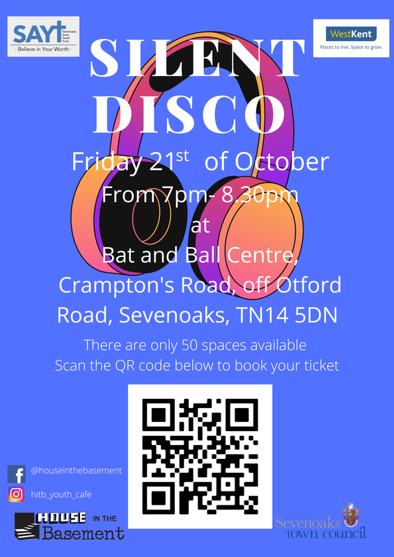 a Poster detailing a Silent Disco hosted by House in the Basement, SAYT and West Kent Housing Association-2023.