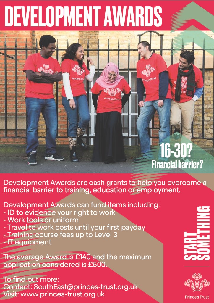 a Poster for the Princes Trust detailing Development Awards to help young people have an equal opportunity to obtain a job