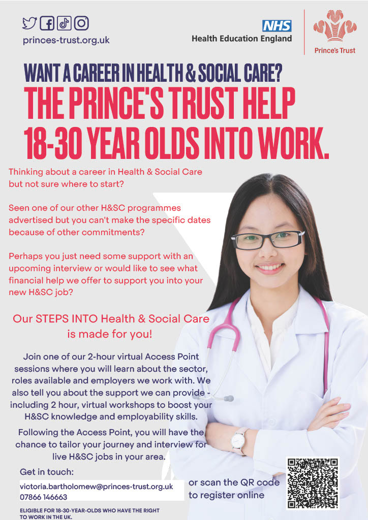 a Poster for the Princes Trust detailing how to start a career in the Health and Social Care Sector with a QR code at the bottom for more information.